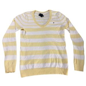 Tommy Hilfiger Women's Yellow & White Striped V-Neck Sweater Jumper Top Size S